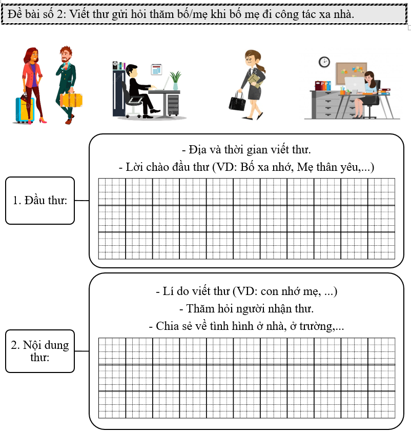 Đề bài số 2: Viết thư gửi hỏi thăm bố/mẹ khi bố mẹ đi công tác xa nhà.   (ảnh 1)