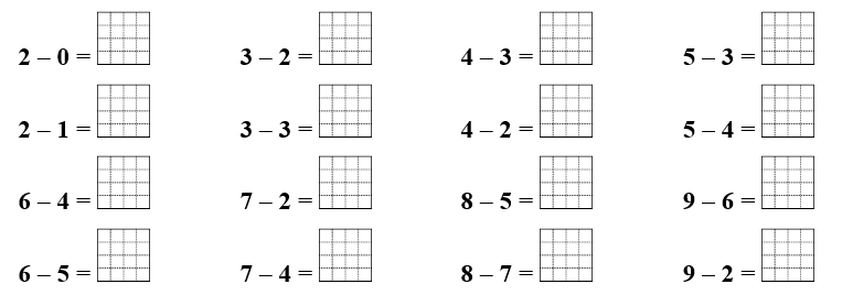Số? phép tính 2 – 0 = 1	3 – 2 = 1	4 – 3 = 1	5 – 3 = 1 (ảnh 1)