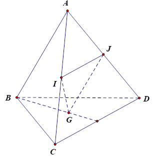 Cho tứ diện ABCD. I và J theo thứ tự là trung điểm của AC,AD, G là trọng tâm tam giác BCD. Giao tuyến của hai mặt phẳng (GI) và(BCD) là đường thẳng (ảnh 1)