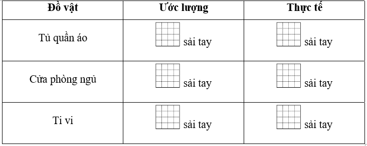 Em hãy ước lượng các đồ vật dưới đây bằng sải tay, rồi đo độ dài thực tế của chúng bằng sải tay. (ảnh 1)