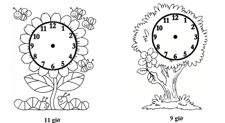 Vẽ thêm kim ngắn và kim dài để đồng hồ chỉ đúng thời gian rồi tô màu cho mỗi bức tranh. (ảnh 1)
