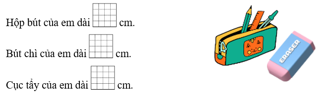 Dùng thước kẻ đo các đồ vật sau trong bộ đồ dùng học tập của em rồi điền số thích hợp vào chỗ trống. (ảnh 1)