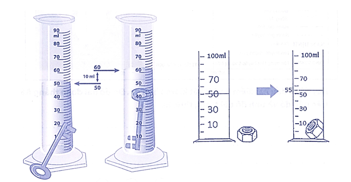 Quan sát hình vẽ mực nước trong ống khi chưa thả và sau khi thả chiếc thìa khóa, (ảnh 1)