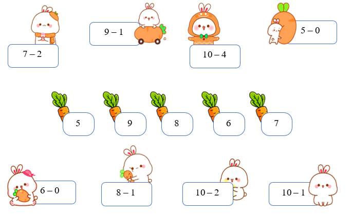 Tìm thức ăn cho thỏ bằng cách nối phép tính với kết quả tương ứng: (ảnh 1)