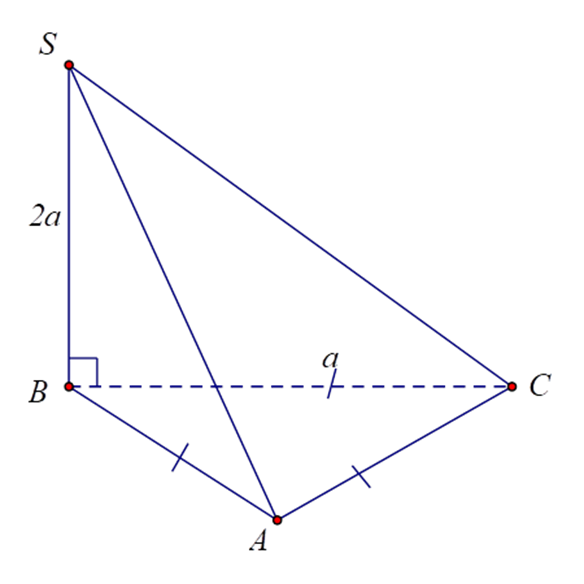 Cho hình chóp S.ABC có đáy là tam giác đều cạnh bằng a, cạnh bên SB vuông góc với mặt phẳng (ABC), SB = 2a. Tính thể tích khối chóp S.ABC. (ảnh 1)