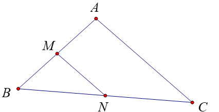Tam giác \(ABC\) có đoạn thẳng nối trung điểm của \(AB\) và \(BC\) bằng 3, cạnh (ảnh 1)
