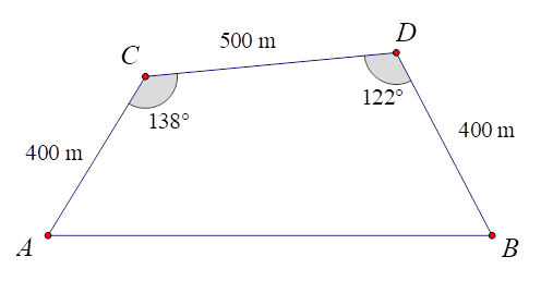 Hãy xác định độ dài đoạn đường AB theo đơn vị mét (làm tròn kết quả đến hàng đơn vị). (ảnh 1)