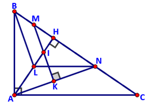Cho tam giác ABC vuông tại A, đường cao AH. Gọi M, N lần lượt là trung điểm của HB (ảnh 1)