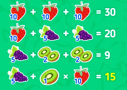 A math game with fruits and numbers

Description automatically generated