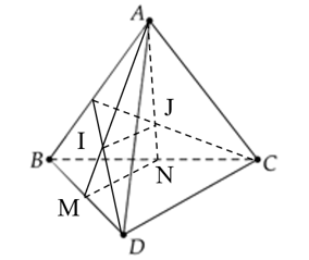 Cho tứ diện ABCD. Gọi M, N lần lượt là trung điểm của BD và BC (ảnh 1)