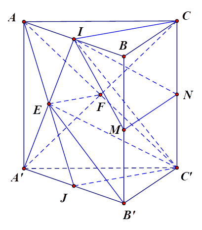 Cho lăng trụ tam giác ABC.A'B'C'. Gọi I,J lần lượt là trung điểm AB,A'B', E là giao điểm của AJ và A'I. (ảnh 1)