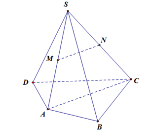 Cho hình chóp tứ giác S.ABCD. Gọi M và N lần lượt là trung điểm của SA và SC. Khẳng định nào sau đây đúng (ảnh 1)