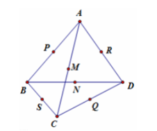 Cho tứ diện ABCD. Gọi M, N, P, Q, R, S lần lượt trung điểm cạnh AC, BD, AB, CD, AD, BC (ảnh 1)