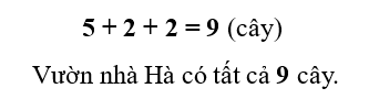 Nhà Hải có 5 cây nhãn, 2 cây dừa và 2 cây táo đỏ. Hỏi vườn nhà Hải có tất cả bao nhiêu cây? (ảnh 2)