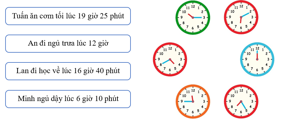 Nối mỗi câu với đồng hồ chỉ thời gian thích hợp. (ảnh 1)