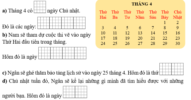 Điền vào chỗ trống thích hợp: Cho tờ lịch tháng 4. (ảnh 1)