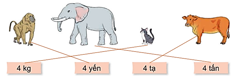 Chọn số cân nặng thích hợp với mỗi con vật. (1 điểm) (ảnh 2)
