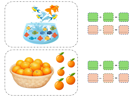 Quan sát bức tranh và viết phép tính thích hợp: (ảnh 1)