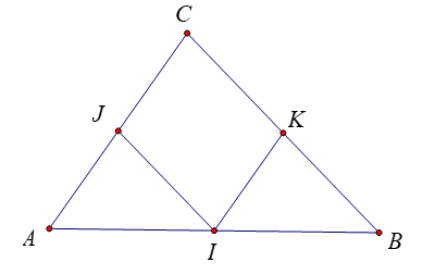 Cho tam giác \(ABC\) có \(I,J,K\) lần lượt là trung điểm \(AB,AC,BC\). Khẳng định nào sau đây là đúng. (ảnh 1)