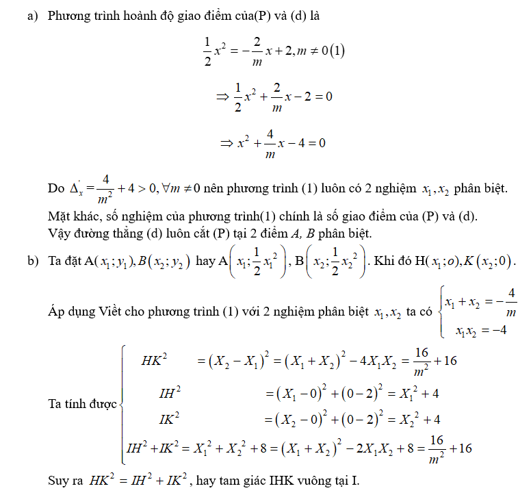 Cho Parabol  y= 1/2 x^2 (P), đường thẳng (d): y - -2/m x+ 2  với m khác 0 và điểm I(0;2) (ảnh 1)