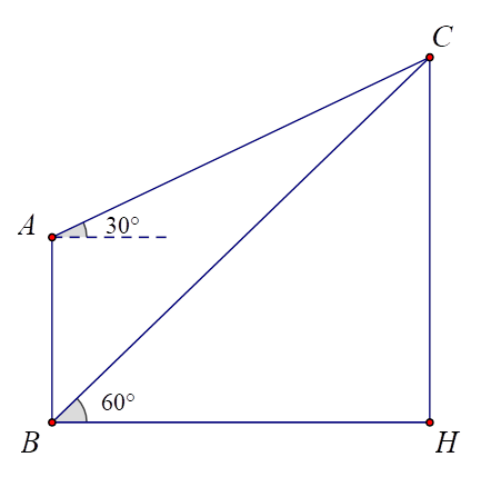 Từ hai vị trí A và B của một tòa nhà, người ta quan sát đỉnh C của ngọn núi. Biết rằng độ cao AB = 70m, phương nhìn AC tạo với phương nằm ngang góc 30 độ, phương nhìn BC tạo với phương nằm ngang góc 60 độ. Tính chiều cao ngọn núi so với mặt đất. (ảnh 2)