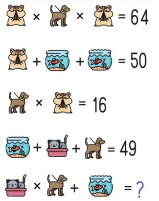A math puzzle with pictures of animals and fish

Description automatically generated