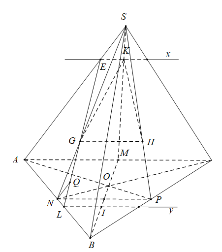 Cho hình tứ diện SABC. Gọi M là trung điểm AC, G  và H lần lượt là trọng tâm tam giác SAB và SBC (ảnh 1)