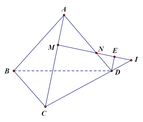 Cho tứ diện ABCD. Trên cạnh AC,AD lấy lần lượt các điểm M,N sao cho AM =1/3 AC,AN = 2ND. Gọi I là giao điểm của đường thẳng MN và mặt phẳng (BCD), biết tỉ số ID/IC =a/b (với a/b) là phân số tối giản). Giá trị a + 2b bằng bao nhiêu? (ảnh 1)