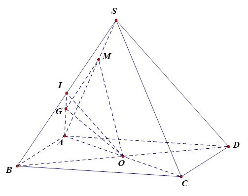 Cho hình chóp S.ABCD có đáy ABCD là hình bình hành tâm O. Gọi M là điểm trên cạnh SA sao cho SM =1/3 SA, I là trung điểm của SB và G là trọng tâm tam giác SAB. (ảnh 1)