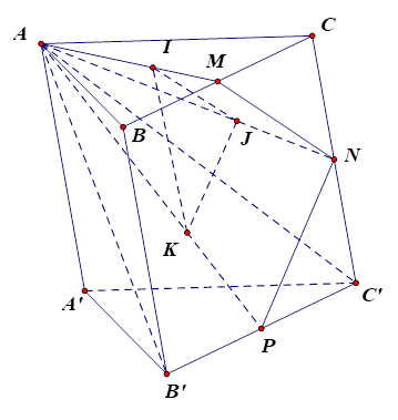 Cho lăng trụ ABC.A'B'C'. Gọi I,J,K lần lượt là trọng tâm tam giác ABC,ACC',AB'C'. Mặt phẳng nào sau đây song song với (IJK)? (ảnh 1)