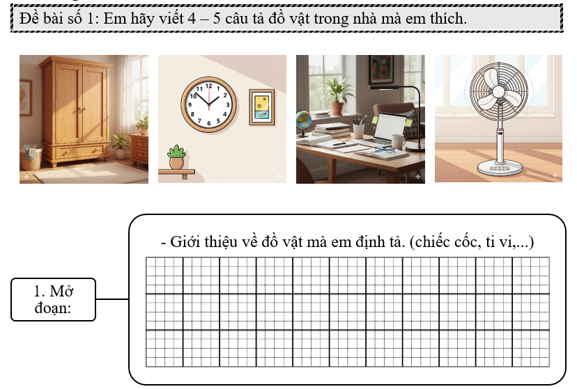 Đề bài số 1: Em hãy viết 4 – 5 câu tả đồ vật trong nhà mà em thích.     (ảnh 1)