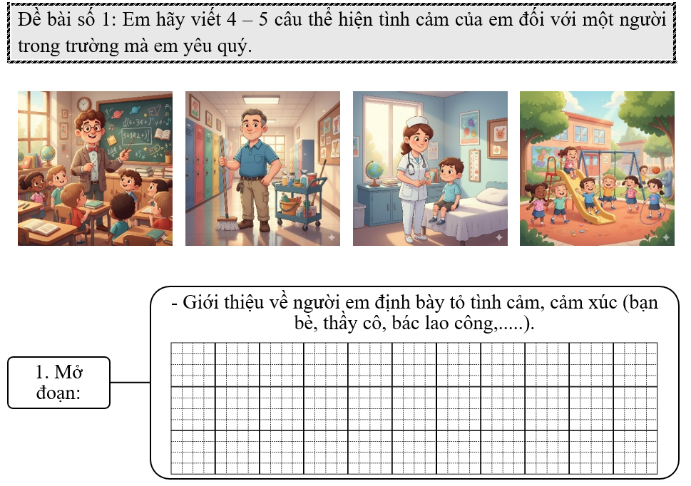 Đề bài số 1: Em hãy viết 4 – 5 câu thể hiện tình cảm của em đối với một người trong trường mà em yêu quý.      (ảnh 1)