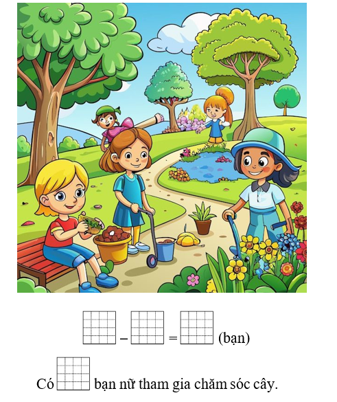 Viết số thích hợp vào ô trống. Có 32 bạn tham gia chăm sóc cây ở vườn trường, trong đó (ảnh 1)