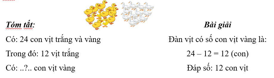 Giải bài toán sau:  Một đàn vịt có 24 con, trong đó có 12 con vịt trắng, còn lại là vịt vàng (ảnh 2)