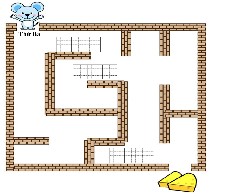 Viết các ngày trong tuần thích hợp vào chỗ trống rồi vẽ đường giúp Chuột Nhắt đi đến miếng phô mai. (ảnh 1)