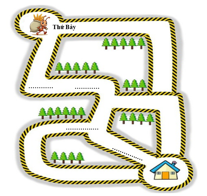 Viết các ngày trong tuần thích hợp vào chỗ chấm rồi vẽ đường giúp Kiến thoát khỏi mê cung để về nhà. (ảnh 1)