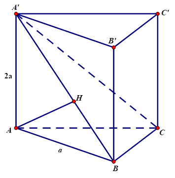 Cho hình lăng trụ đứng ABC.A'B'C' có đáy ABC là tam giác vuông tại B,AB = a, AA' = 2a. Tính khoảng cách từ điểm A đến mặt phẳng (A'BC) (ảnh 1)