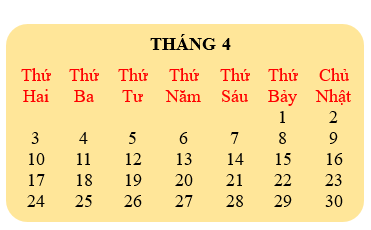 Điền vào chỗ trống thích hợp: Cho tờ lịch tháng 4. (ảnh 2)
