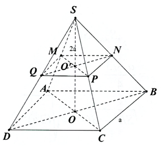 Cho hình chóp đều S.ABCD có đáy cạnh a và chiều cao SO = 2a. Gọi M,N,P, Q lần lượt là trung điểm của SA,SB,SC,SD. Tính thể tích khối chóp cụt đều ABCD.MNPQ. (ảnh 1)