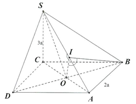Cho hình chóp S.ABCD có đáy là hình vuông cạnh 2a,SC vuông góc (ABCD) và SC = 3a. Tính góc phẳng nhị diện B,SA,C? (ảnh 1)