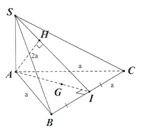 Cho hình chóp S.ABC có đáy là tam giác đều cạnh a, SA vuông góc (ABC) và SB = 2a. Gọi G là trọng tâm tam giác ABC. Tính khoảng cách từ G đến mặt phẳng (SBC) (ảnh 1)