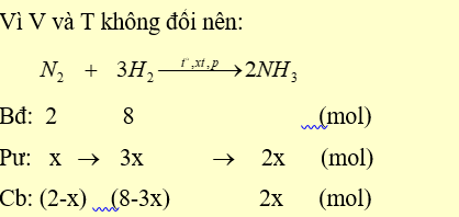 Sau khi phản ứng đạt trạng thái cân bằng, đưa nhiệt độ về nhiệt độ ban đầu thì áp suất trong bình bằng 0,9 lần áp suất đầu. Tính KC của phản ứng tổng hợp NH3? (ảnh 2)