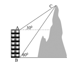 Từ hai vị trí A và B của một tòa nhà, người ta quan sát đỉnh C của ngọn núi. Biết rằng độ cao AB = 70m, phương nhìn AC tạo với phương nằm ngang góc 30 độ, phương nhìn BC tạo với phương nằm ngang góc 60 độ. Tính chiều cao ngọn núi so với mặt đất. (ảnh 1)