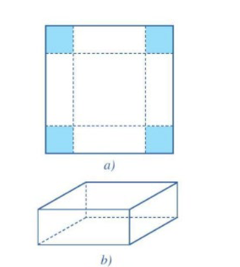 Tính cạnh của tấm bìa ban đầu, biết rằng thể tích của chiếc hộp bằng 600 cm3. (ảnh 1)