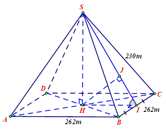 Kim tự tháp Kheops ở Ai Cập có dạng là hình chóp tứ giác đều có cạnh đáy dài 262 mét, cạnh bên dài 230 mét. Biết kho báu được đặt ở tâm của đáy kim tự tháp. Hãy xác định vị trí để đào con đường đến kho báu sao cho đoạn đường ngắn nhất. (ảnh 1)
