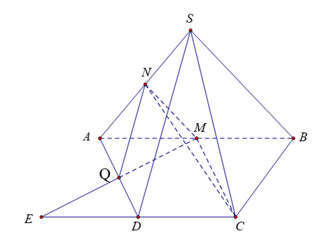 Cho hình chóp S.ABCD có đáy là hình thang AB//CD,AB = 2CD, M là trung điểm cạnh AB. (ảnh 1)