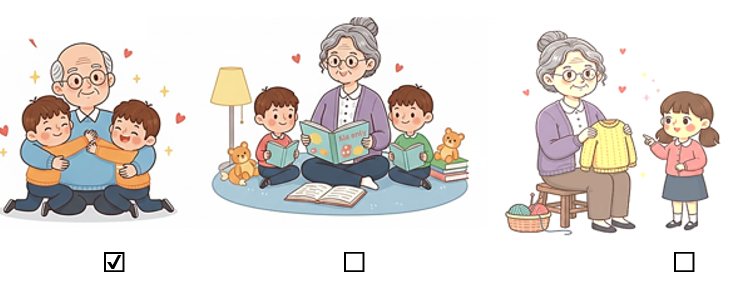 Đánh dấu ☑ vào hình ảnh thể hiện đúng nhất tình cảm của bạn nhỏ với người thân: (ảnh 2)