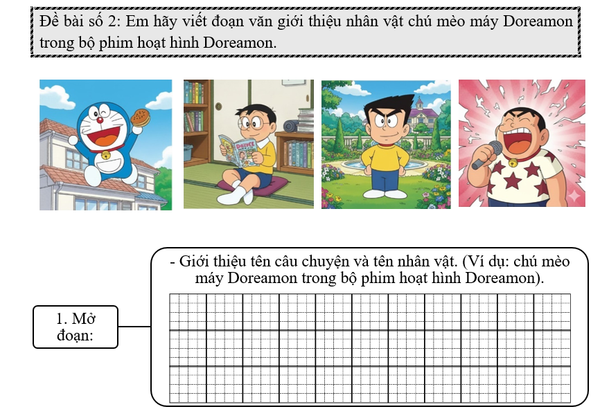 Đề bài số 2: Em hãy viết đoạn văn giới thiệu nhân vật chú mèo máy Doreamon trong bộ phim hoạt hình Doreamon.  (ảnh 1)