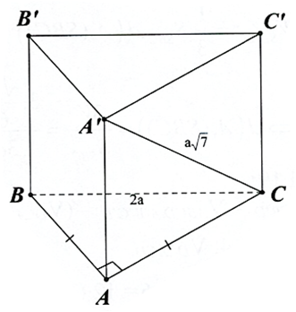 Cho khối lăng trụ đứng ABC vuông cân tại A'B'C' có đáy là tam giác vuông cân tại A,BC = 2a và A'C = a căn bậc hai 7. Tính thể tích khối lăng trụ đã cho. (ảnh 1)
