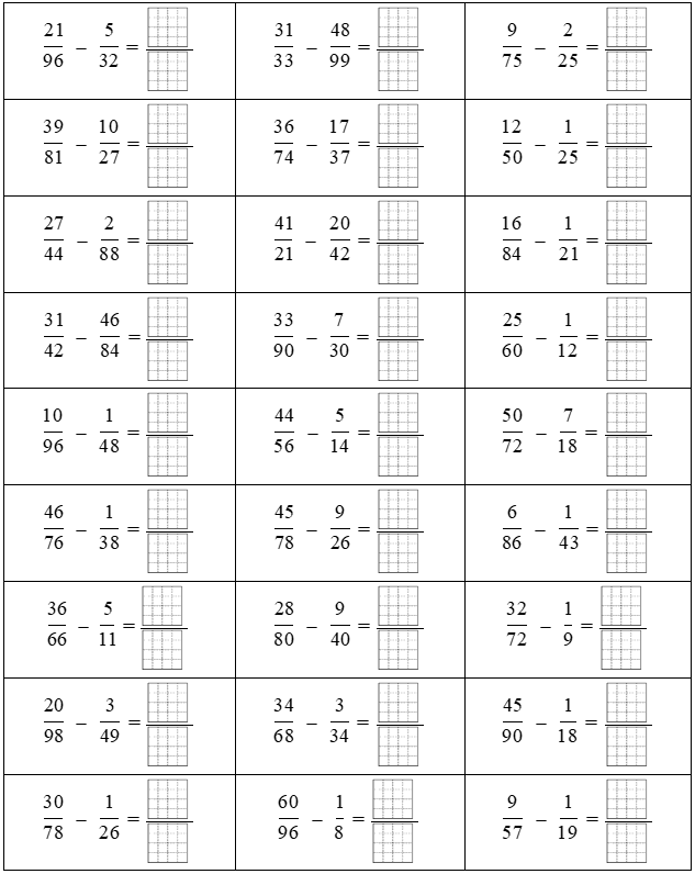Phép trừ phân số 21/96 - 5/32 = (ảnh 1)